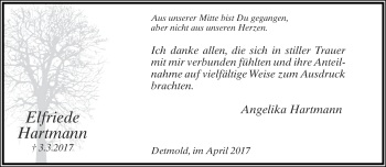 Anzeige  Elfriede Hartmann  Lippische Landes-Zeitung
