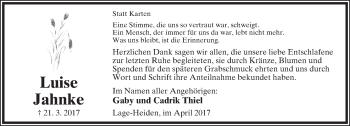 Anzeige  Luise Jahnke  Lippische Landes-Zeitung
