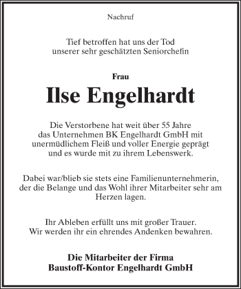 Anzeige  Ilse Engelhardt  Lippische Landes-Zeitung