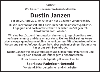Anzeige  Dustin Janzen  Lippische Landes-Zeitung