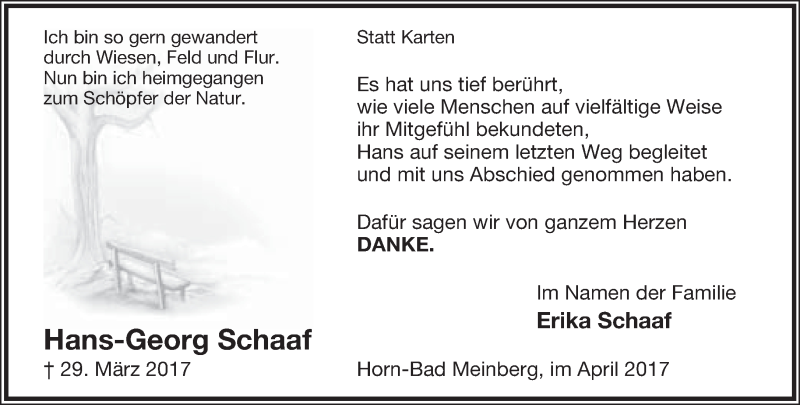  Traueranzeige für Hans-Georg Schaaf vom 22.04.2017 aus Lippische Landes-Zeitung