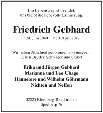 Anzeige  Friedrich Gebhard  Lippische Landes-Zeitung