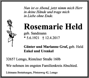 Anzeige  Rosemarie Held  Lippische Landes-Zeitung