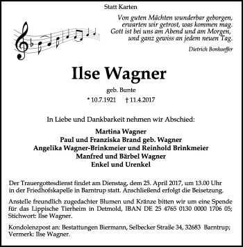 Anzeige  Ilse Wagner  Lippische Landes-Zeitung