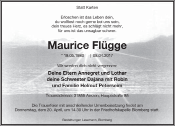 Anzeige  Maurice Flügge  Lippische Landes-Zeitung