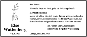 Anzeige  Else Wattenberg  Lippische Landes-Zeitung