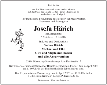 Anzeige  Josefa Härich  Lippische Landes-Zeitung