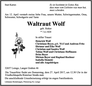 Anzeige  Waltraut Wolf  Lippische Landes-Zeitung