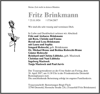 Anzeige  Fritz Brinkmann  Lippische Landes-Zeitung