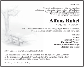 Anzeige  Alfons Rubel  Lippische Landes-Zeitung