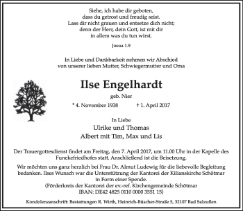 Anzeige  Ilse Engelhardt  Lippische Landes-Zeitung