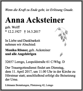 Anzeige  Anna Acksteiner  Lippische Landes-Zeitung