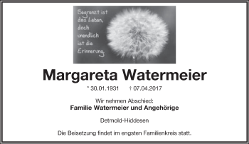 Anzeige  Margareta Watermeier  Lippische Landes-Zeitung