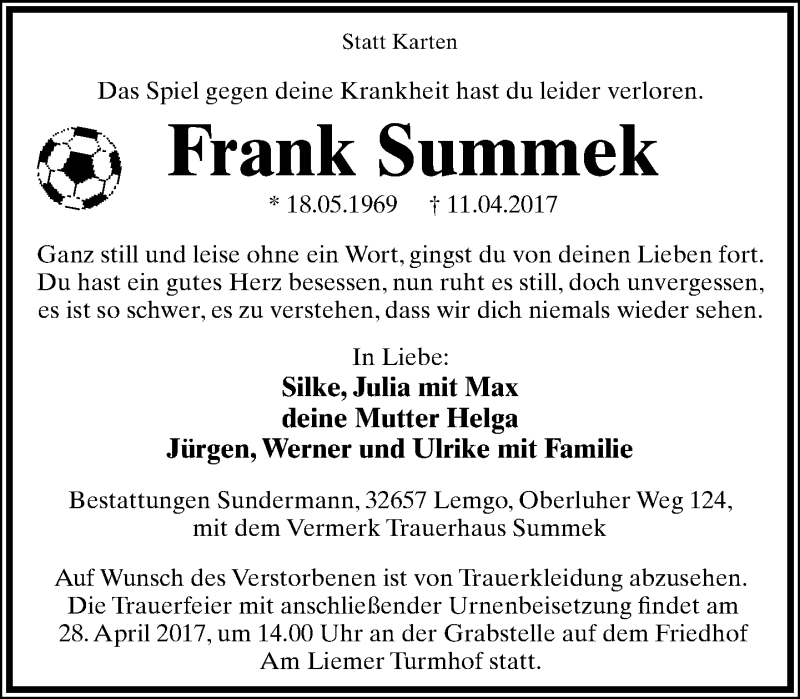  Traueranzeige für Frank Summek vom 22.04.2017 aus Lippische Landes-Zeitung
