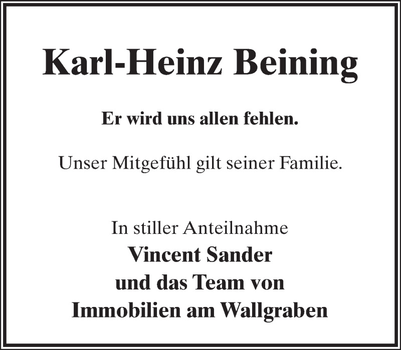  Traueranzeige für Karl-Heinz Beining vom 08.04.2017 aus Lippische Landes-Zeitung