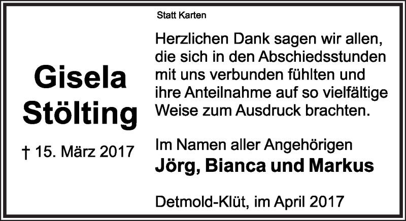  Traueranzeige für Gisela Stölting vom 08.04.2017 aus Lippische Landes-Zeitung