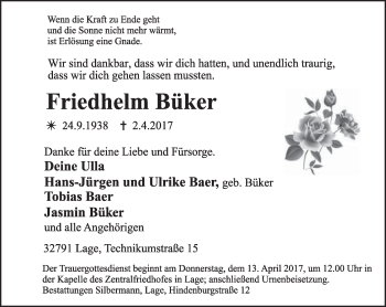Anzeige  Friedhelm Büker  Lippische Landes-Zeitung