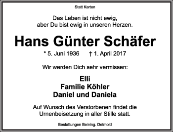 Anzeige  Hans Günter Schäfer  Lippische Landes-Zeitung