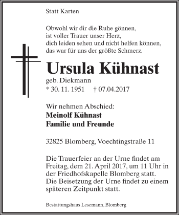 Anzeige  Ursula Kühnast  Lippische Landes-Zeitung