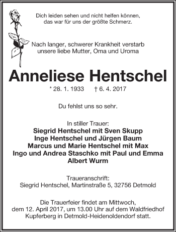 Anzeige  Annliese Hentschel  Lippische Landes-Zeitung