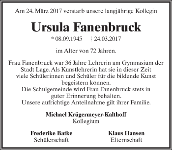 Anzeige  Ursula Fanenbruck  Lippische Landes-Zeitung