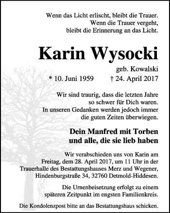 Anzeige  Karin Wysocki  Lippische Landes-Zeitung