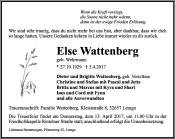 Anzeige  Else Wattenberg  Lippische Landes-Zeitung