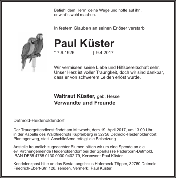 Anzeige  Paul Küster  Lippische Landes-Zeitung