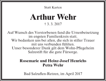 Anzeige  Arthur Wehr  Lippische Landes-Zeitung