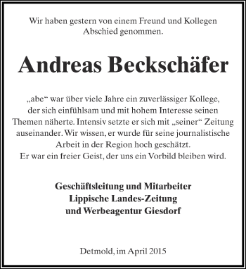 Anzeige  Andreas Beckschäfer  Lippische Landes-Zeitung