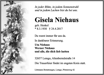 Anzeige  Gisela Niehaus  Lippische Landes-Zeitung