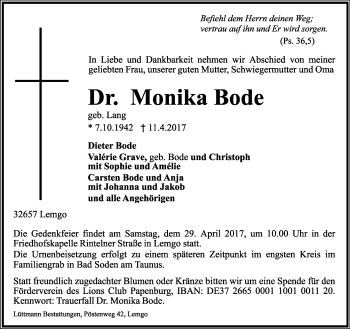 Anzeige  Monika Bode  Lippische Landes-Zeitung
