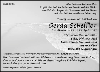 Anzeige  Gerda Scheffler  Lippische Landes-Zeitung