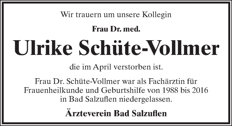  Traueranzeige für Ulrike Schüte-Vollmer vom 14.04.2017 aus Lippische Landes-Zeitung