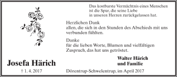 Anzeige  Josefa Härich  Lippische Landes-Zeitung