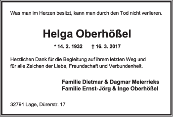 Anzeige  Helga Oberhößel  Lippische Landes-Zeitung