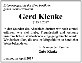 Anzeige  Gerd Klenke  Lippische Landes-Zeitung