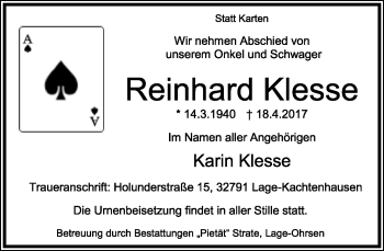 Anzeige  Reinhard Klesse  Lippische Landes-Zeitung