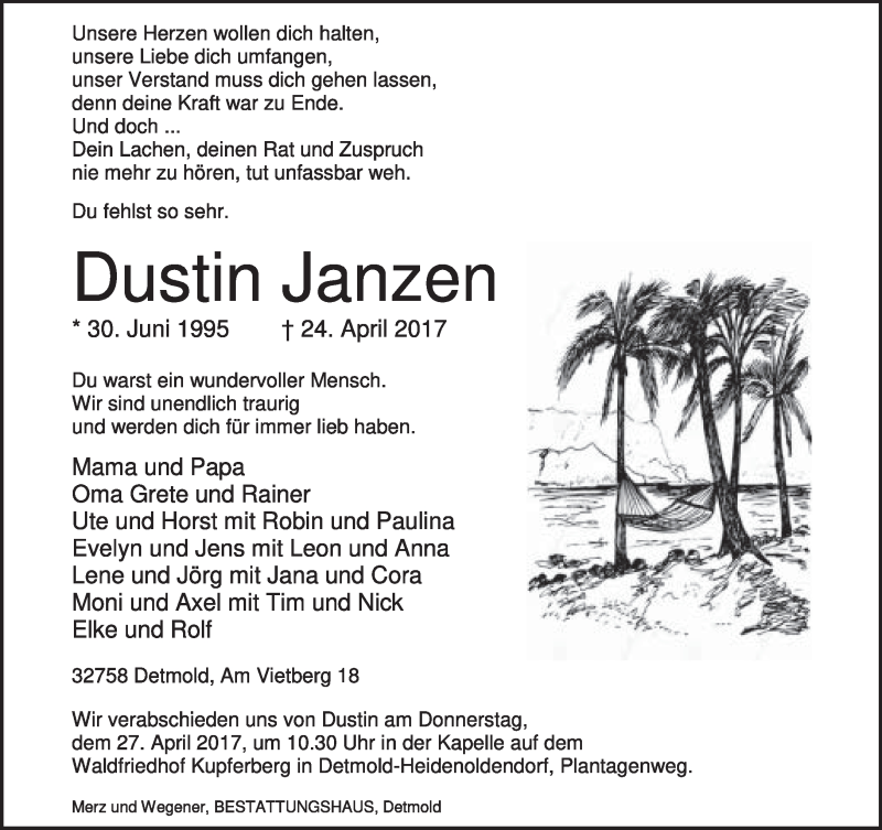  Traueranzeige für Dustin Janzen vom 26.04.2017 aus Lippische Landes-Zeitung