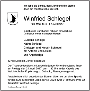 Anzeige  Winfried Schlegel  Lippische Landes-Zeitung
