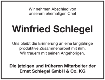 Anzeige  Winfried Schlegel  Lippische Landes-Zeitung