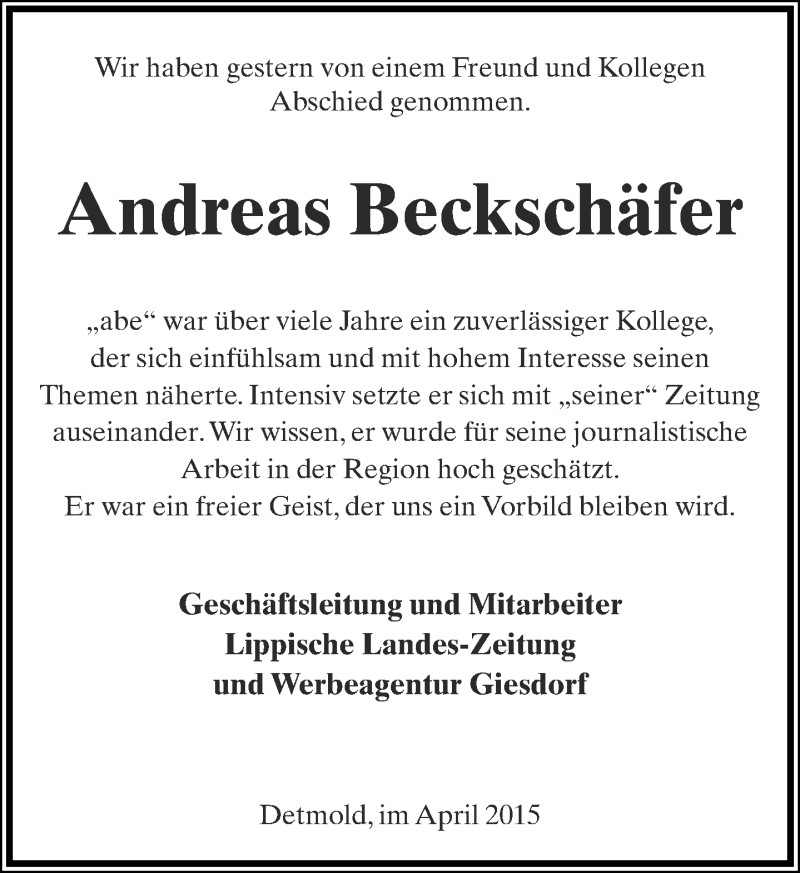 Traueranzeige für Andreas Beckschäfer vom 18.04.2015 aus Lippische Landes-Zeitung