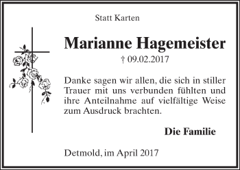 Anzeige  Marianne Hagemeister  Lippische Landes-Zeitung