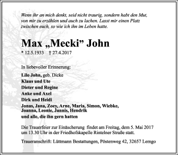 Anzeige  Max  John  Lippische Landes-Zeitung
