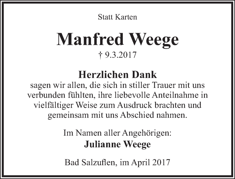  Traueranzeige für Manfred Weege vom 08.04.2017 aus Lippische Landes-Zeitung