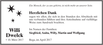 Anzeige  Willi Dwelck  Lippische Landes-Zeitung