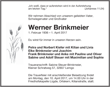 Anzeige  Werner Brinkmeier  Lippische Landes-Zeitung