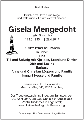 Anzeige  Gisela Mengedoht  Lippische Landes-Zeitung