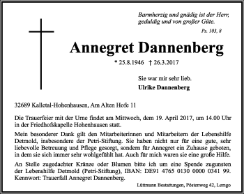 Anzeige  Annegret Dannenberg  Lippische Landes-Zeitung
