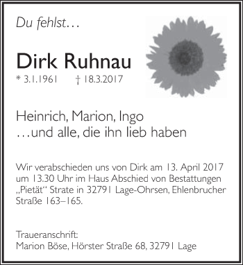 Anzeige  Dirk Ruhnau  Lippische Landes-Zeitung